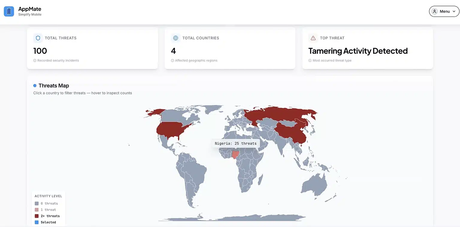 AppMate mobile app security threat details dashboard
